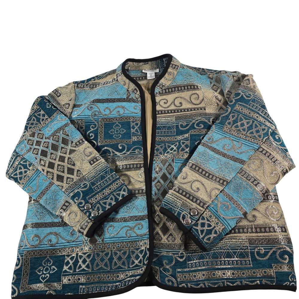 Serengeti Womens 3X Teal‎ Gold Tapestry Patchwork Open Front Jacket RN 106740